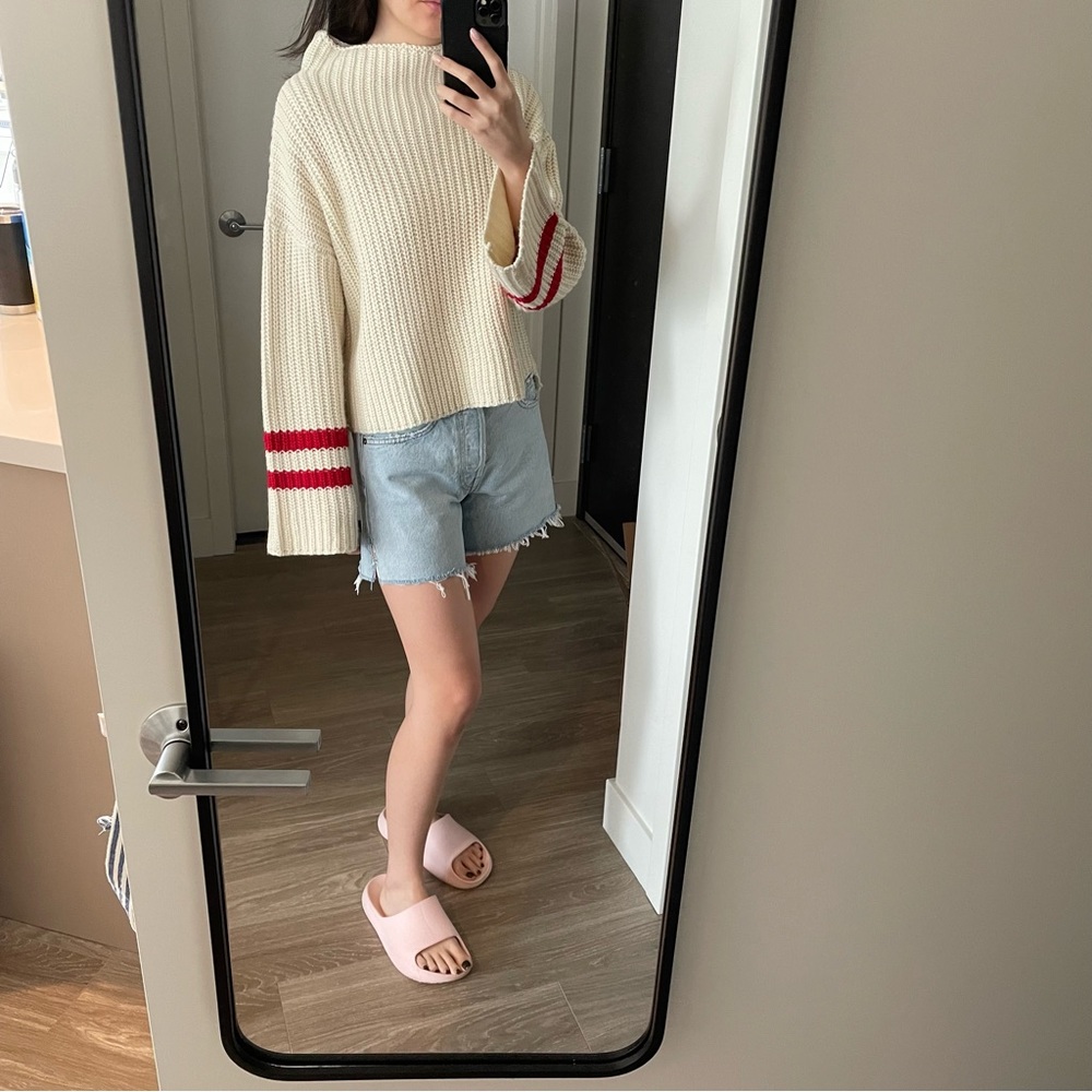 Design Lab Lord & Taylor Cream Mock Neck Sweater Bell Sleeves Red Stripes XS